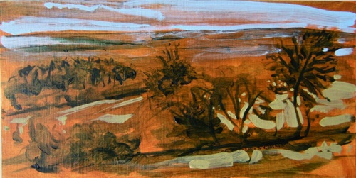 Field with Tree Grouping, Sinalunga, Tuscany,  6" x 12", acrylic on paneled paper, 2011.